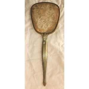 Vintage 1950s Gold Plate With Silver Floral Handheld Vanity Mirror Ornate Filime